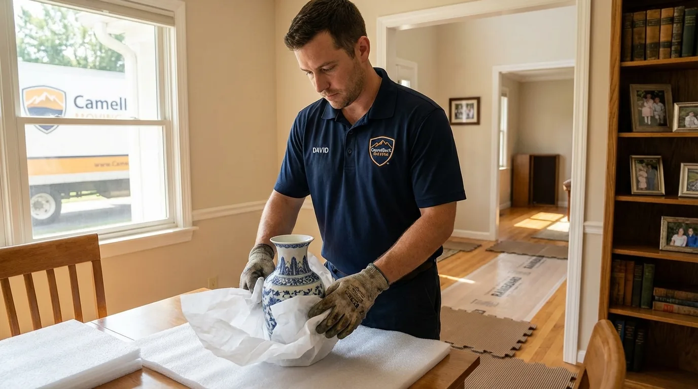Professional crew carefully wrapping antique vase for senior downsizing move in Paia, HI